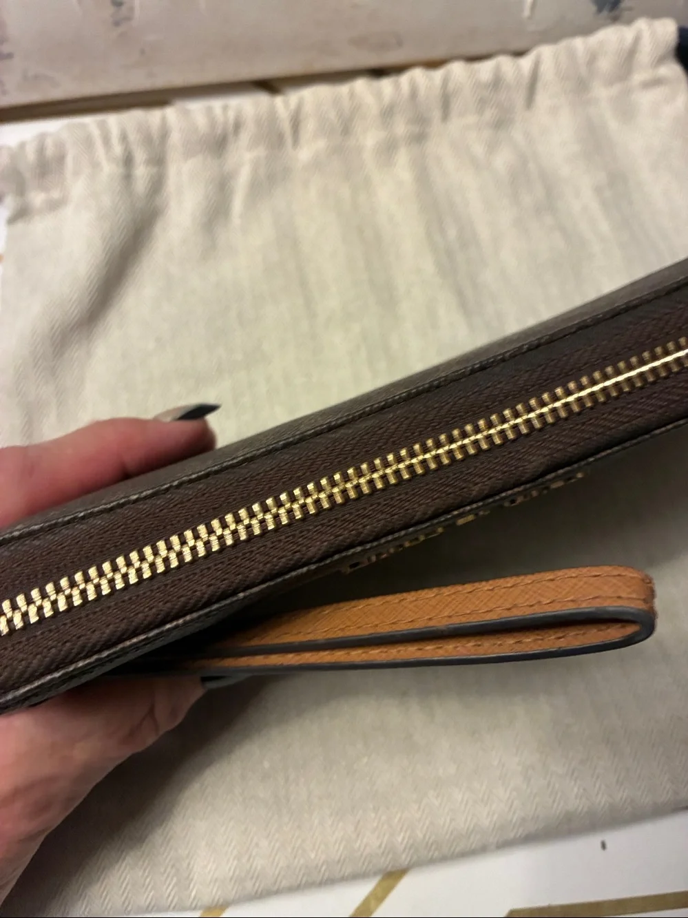 NWOT Michael Kors Dark Brown Logo Zip-Around Wristlet Wallet with Gold Hardware